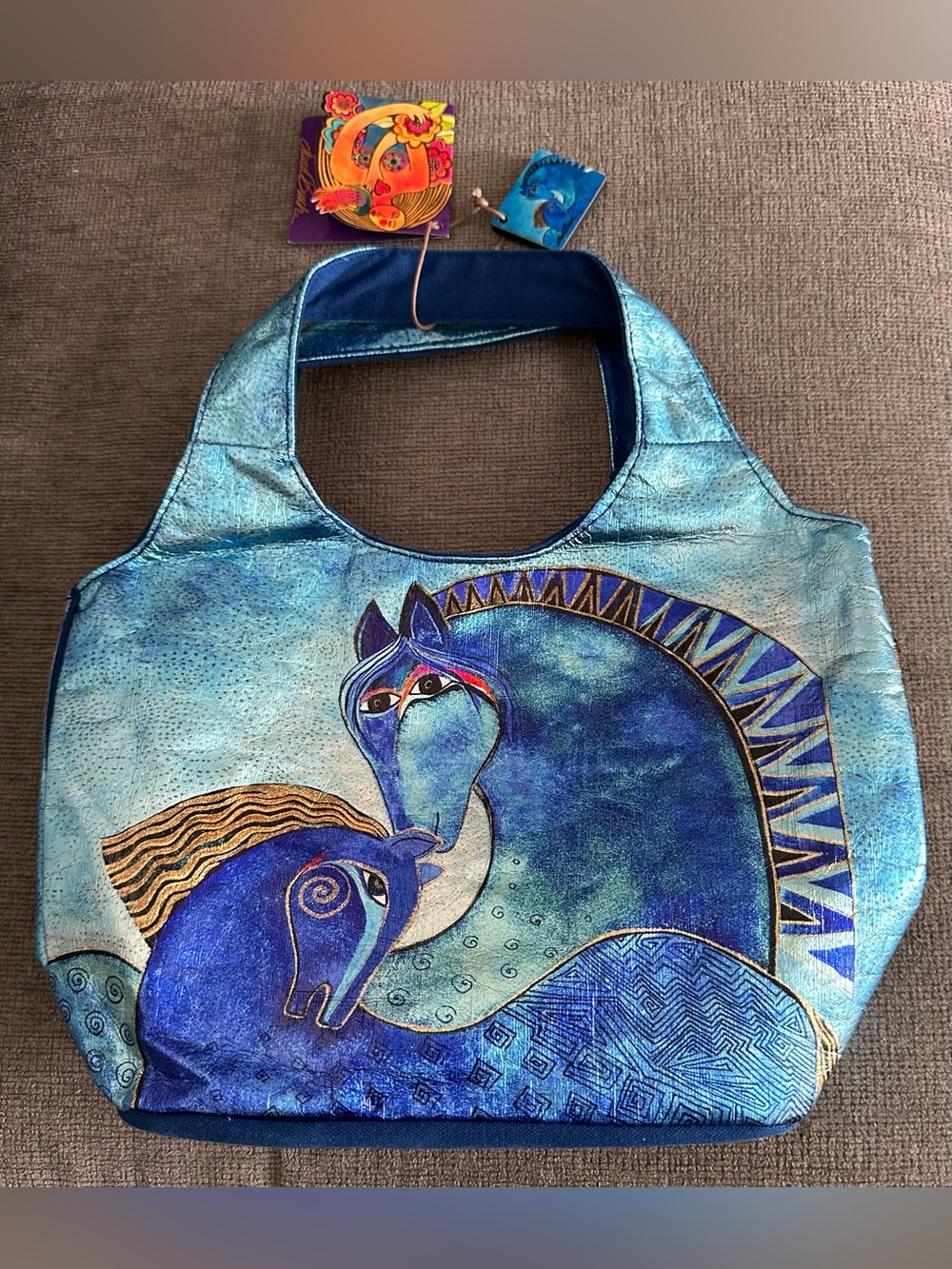 NWT Laurel Burch Teal Mares foiled canvas small scoop tote